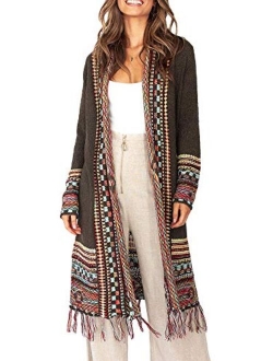 Ferbia Women Boho Cardigan Open Front Long Maxi Knit Sweaters Aztec Tribal Tassel Fringe Thin Coat