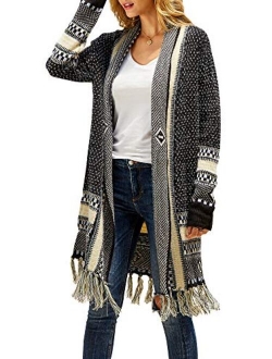 Ferbia Women Boho Cardigan Open Front Long Maxi Knit Sweaters Aztec Tribal Tassel Fringe Thin Coat