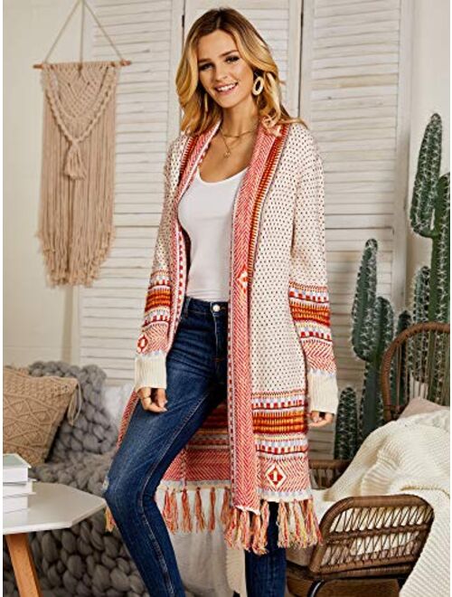 FERBIA Women Boho Cardigan Sweater Long Open Front Maxi Knit Sweaters Aztec Tribal Tassel Fringe Thin Coat