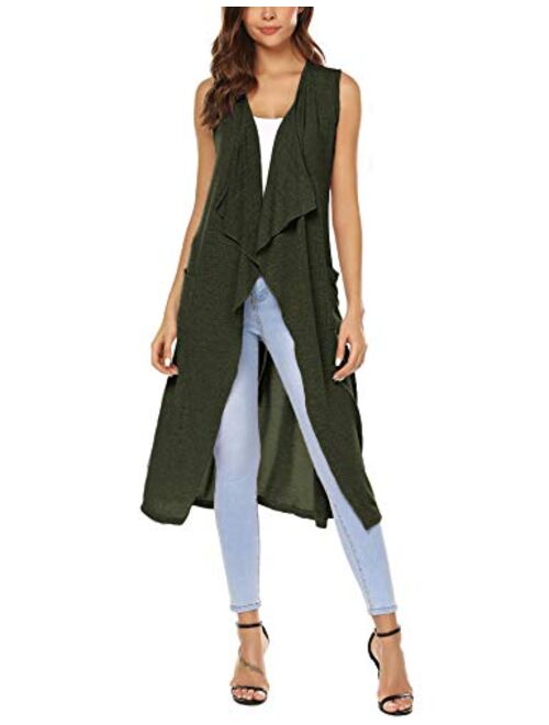 URRU Womens Casual Sleeveless Open Front Cardigan Sweater Vest with Pockets and Belt S-XXL