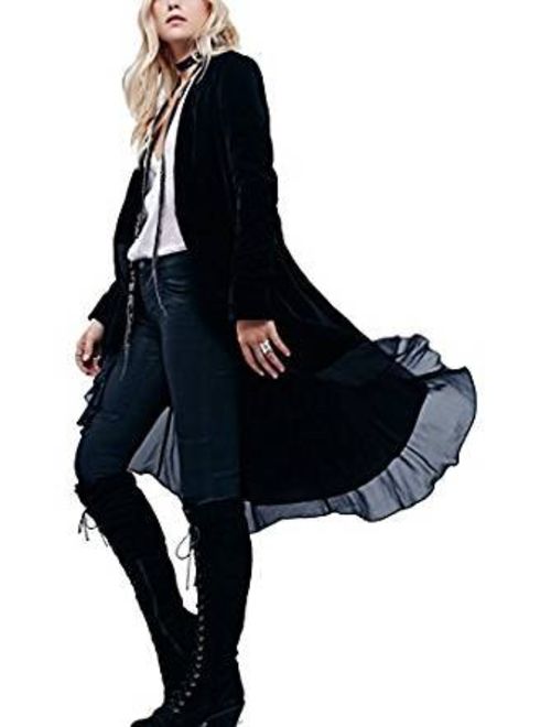 Urban CoCo Women's Long Sleeve Velvet Cardigan Coat with Asymmetric Chiffon Hem