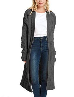 futurino Women's Chunky Twist Knitted Open Front Patch Pocket Long Cardigan Oversized Coat