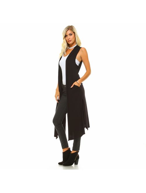 Isaac Liev Women's Long Open Front Cardigan Vest with Pockets and Side Slit
