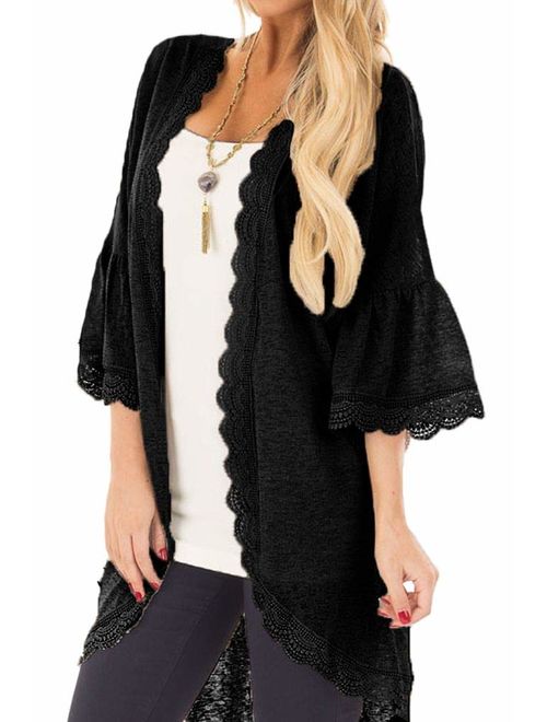 Spadehill Women's 3/4 Bell Sleeve Kimono Cardigan with Sheer Lace Details