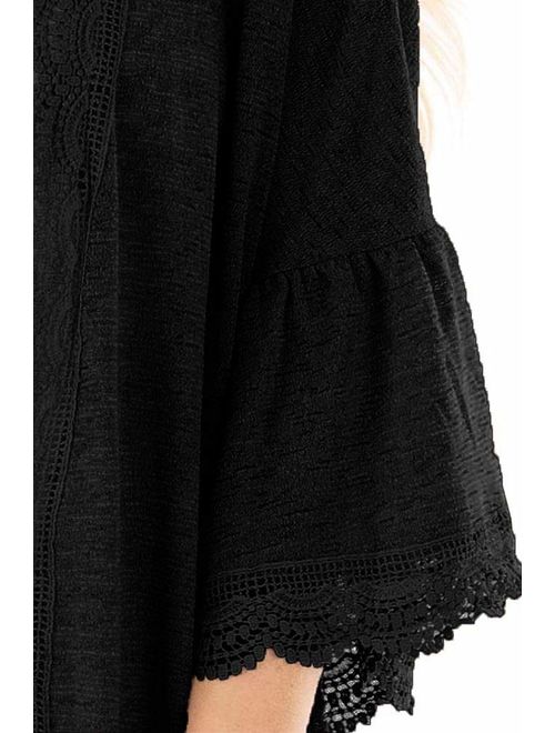 Spadehill Women's 3/4 Bell Sleeve Kimono Cardigan with Sheer Lace Details