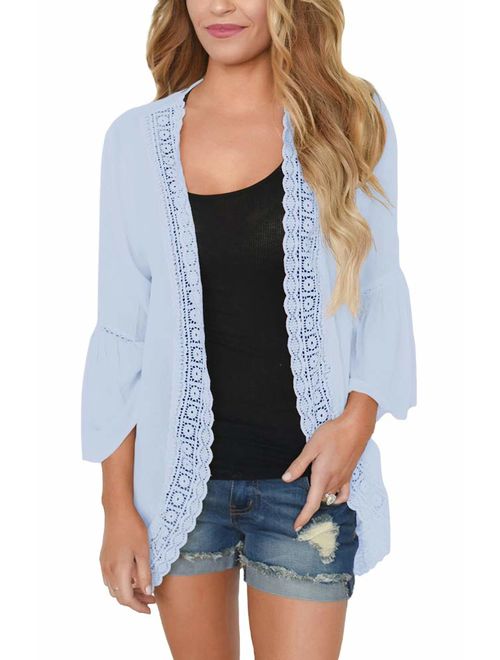 PRETTODAY Women's Ruffle Bell Sleeve Kimono Cardigans Lace Cover Up Loose Blouse Tops