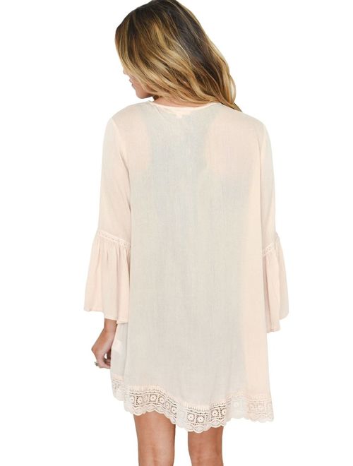 PRETTODAY Women's Ruffle Bell Sleeve Kimono Cardigans Lace Cover Up Loose Blouse Tops