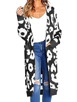 Ferbia Women Leopard Cardigan Long Open Front Sweaters Oversized Loose Knit Coat Draped Jackets with Pockets