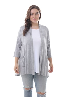 ZERDOCEAN Women's Plus Size 3/4 Sleeve Lightweight Soft Printed Drape Cardigan with Pockets