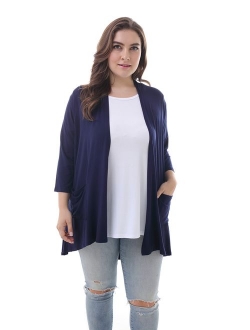 ZERDOCEAN Women's Plus Size 3/4 Sleeve Lightweight Soft Printed Drape Cardigan with Pockets