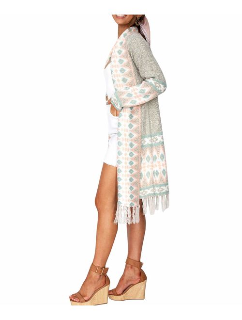 Misassy Womens Boho Open Front Long Cardigans Sweater Loose Long Sleeve Aztec Embroidery Tassels Kimono Duster Outwear