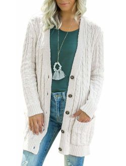 Women's Long Sleeve Twist Knit Cardigans Button Down Cable Sweater Coat Patch Pockets