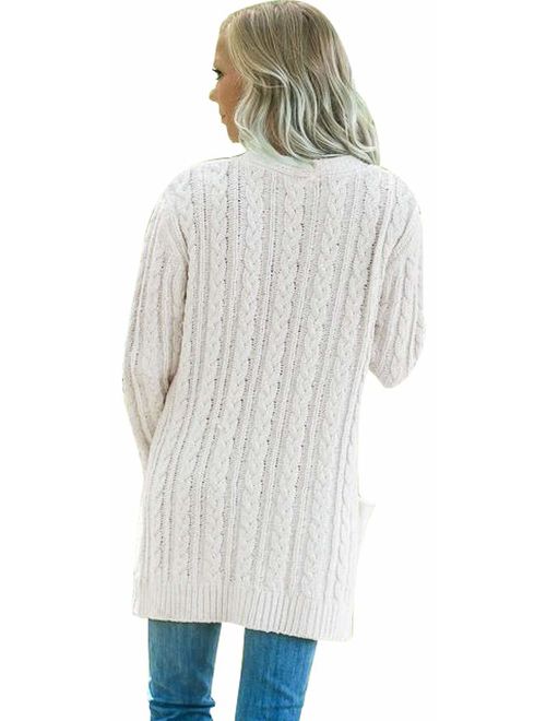 Women's Long Sleeve Twist Knit Cardigans Button Down Cable Sweater Coat Patch Pockets