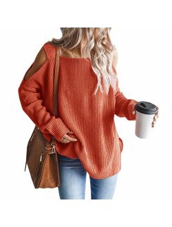 MaQiYa Womens Cold Shoulder Oversized Sweaters Batwing Long Sleeve Chunky Knitted Winter Tunic Tops