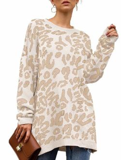 NSQTBA Womens Leopard Print Pullover Oversized Crew Neck Casual Knitted Sweater Tops S-2XL