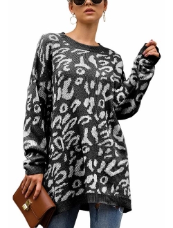 ECOWISH Women's Oversized Leopard Print Sweater Long Sleeve Casual Camouflage Print Knitted Jumper Pullover Sweatshirts Tops