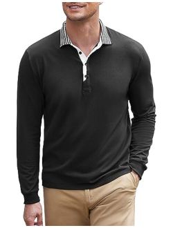 Men's Long Sleeve Polo Shirt Striped Collar Casual Slim Fit Cotton Polo T Shirts