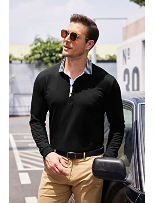 COOFANDY Men's Long Sleeve Polo Shirt Striped Collar Casual Slim Fit Cotton Polo T Shirts