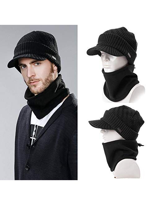Siggi Wool Knit Visor Beanie Winter Hat&Scarf Sets Fleece Mask Neck Warmer for Men