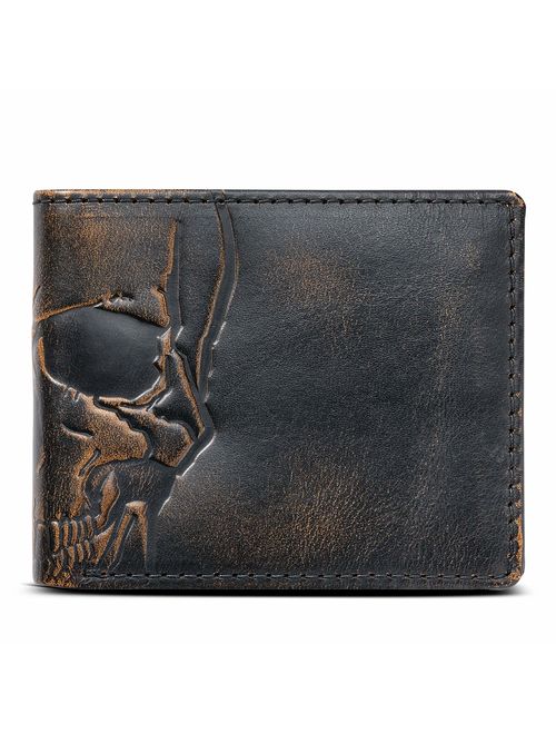 HOJ Co. SKULL Wallet-Double ID Bifold-Full Grain Mens Leather Wallet-Multi Card Capacity
