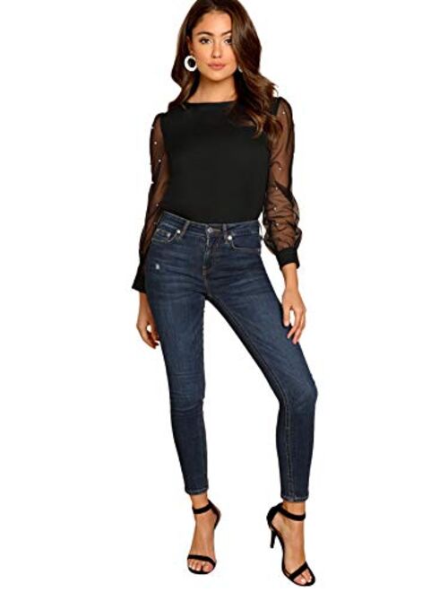 Floerns Women's Pearl Beading Sheer Mesh Sleeve Blouse Tops