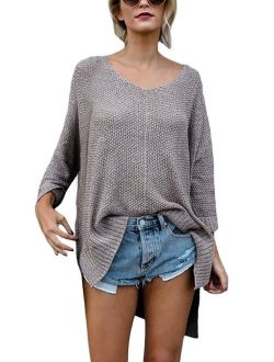ZKESS Womens Long Sleeve V Neck Blouse Casual Loose Knit Pullover Sweater Tops