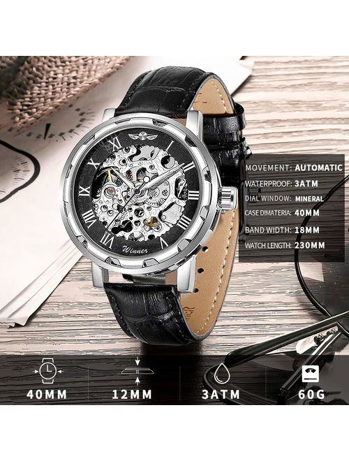 Gute Classic Skeleton Watch Unisex Steampunk Auto Self Wind Wrist Watch - Black Dial Silver Watch Case