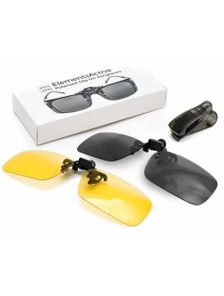 ElementsActive Polarized Clip On Flip Up Sunglasses Set Premium UV400 Anti Glare Driving Fishing Sunglass Fits Over Prescription Rx Glasses - Reduce Reflections - Bonus C