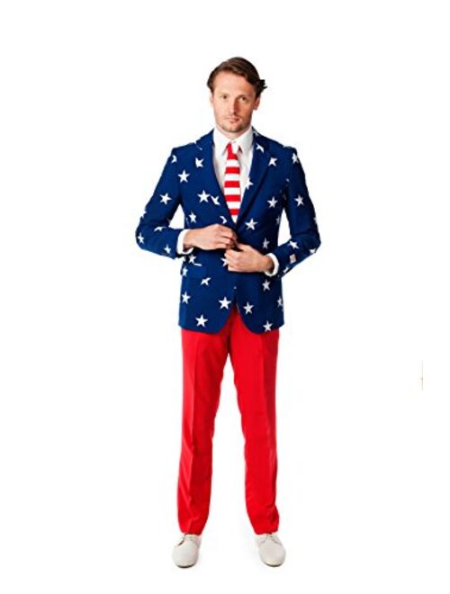 OppoSuits Mens Stars and Stripes Party Costume Suit, Red, 36,38,40,42,44,46,48