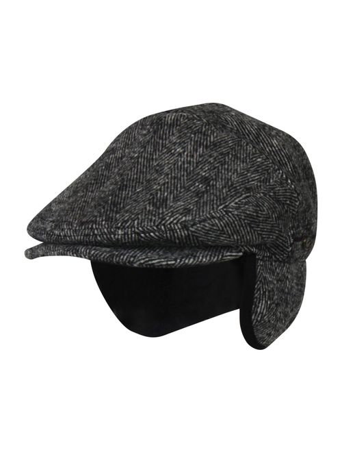 Folie Co. 100% Wool Herringbone Winter Ivy Cabbie Hat w/Fleece Earflaps - Driving Hat