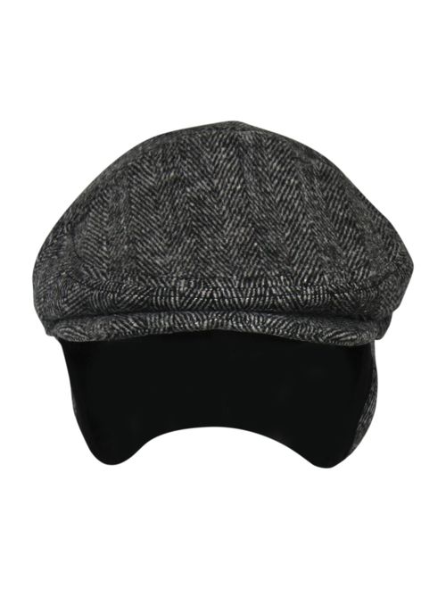 Folie Co. 100% Wool Herringbone Winter Ivy Cabbie Hat w/Fleece Earflaps - Driving Hat