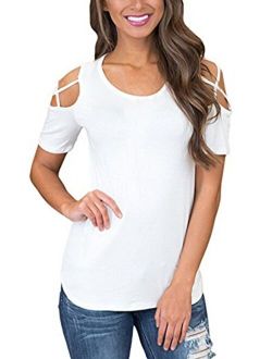 iGENJUN Women Short Sleeve Strappy Cold Shoulder T-Shirt Tops Blouses