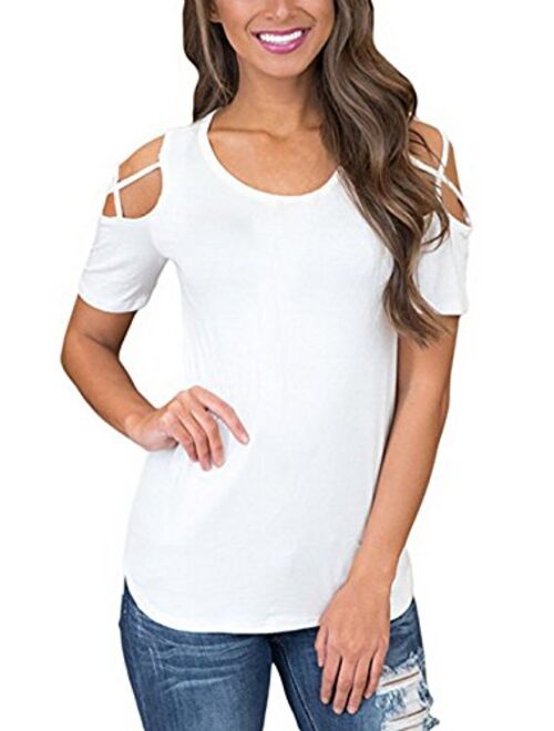 iGENJUN Women Short Sleeve Strappy Cold Shoulder T-Shirt Tops Blouses