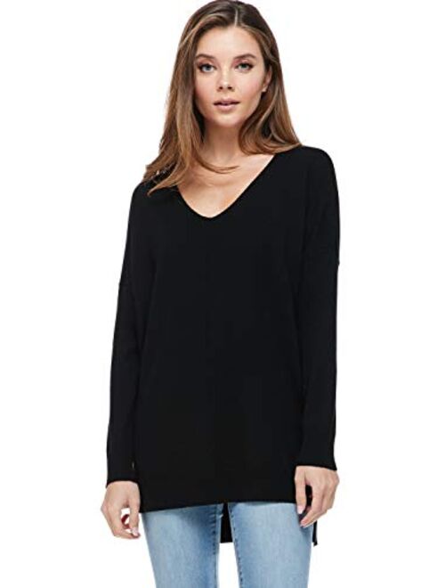 A+D Womens Oversized Extra Soft V-Neck Pullover Sweater Long Sleeved Sweater Top with Hi-Low