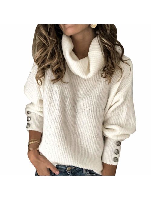 Sovelen Women's Sweaters Turtle Cowl Neck Oversized Long Sleeve Button Loose Pullover Knit Sweater Tops