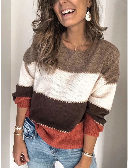 Kaei&Shi Color Block Sweater for Women Striped Colorblock Pullover Sweater Ballon Sleeve Knit Oversized Top