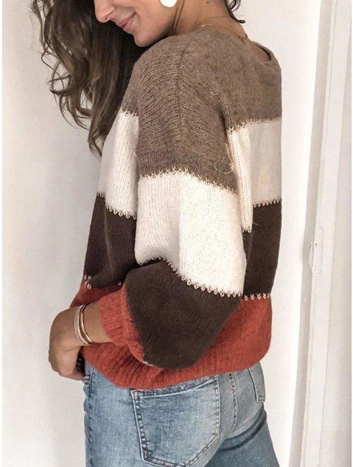 Kaei&Shi Color Block Sweater for Women Striped Colorblock Pullover Sweater Ballon Sleeve Knit Oversized Top