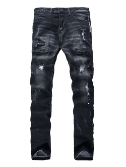 NITAGUT Men's Ripped Slim Straight fit Biker Jeans with Zipper Deco
