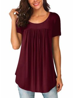 Yidarton Women's Scoop Neck Pleated Blouse Solid Color Tunic Tops Shirts