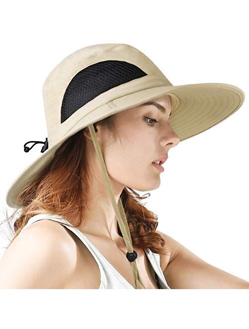 UPF 50 Sun Hats Wide Brim Summer Mesh UV Protection Safari Hat Fishing Walking Hiking Boonie Hats for Men Chin Strap Waterproof & Breathable 