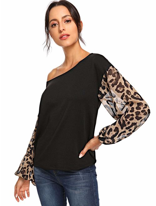 SheIn Women's One Shoulder Long Sleeve Casual Leopard Tops Blouse