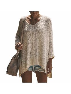 Exlura Women's Casual V Neck Loose Oversized Pullover Sweater High Low Knitted Jumper
