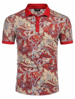 Men's Paisley Polo Shirt Casual Short Sleeve Floral Print Shirt
