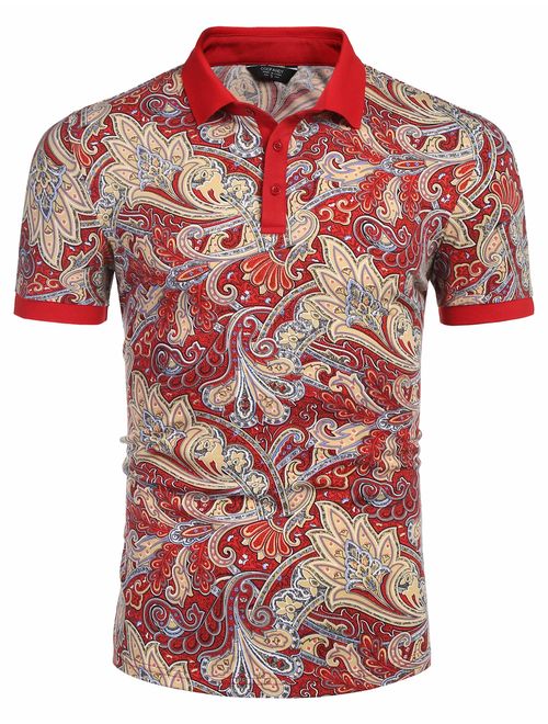 Buy COOFANDY Men's Paisley Polo Shirt Casual Short Sleeve Floral Print ...