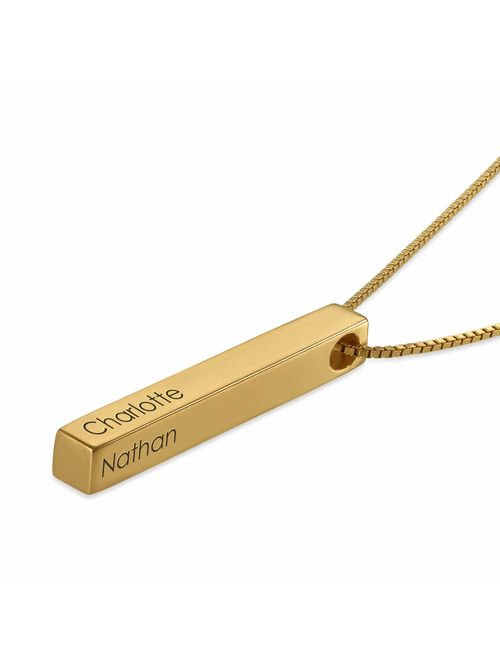 MyNameNecklace Personalized Engraved 4 Sided Vertical 3D Bar Necklace Pendant- Nameplate Custom Made Text- Precious Metals Sterling Silver and Gold Jewelry for Mom Wife G