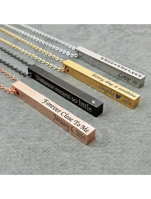 4 Sided Bar Necklace Personalized, Handmade Sterling Silver Engraved 3D Bar Vertical Customized Nameplate Pendant Gift for Couples, Women, Men