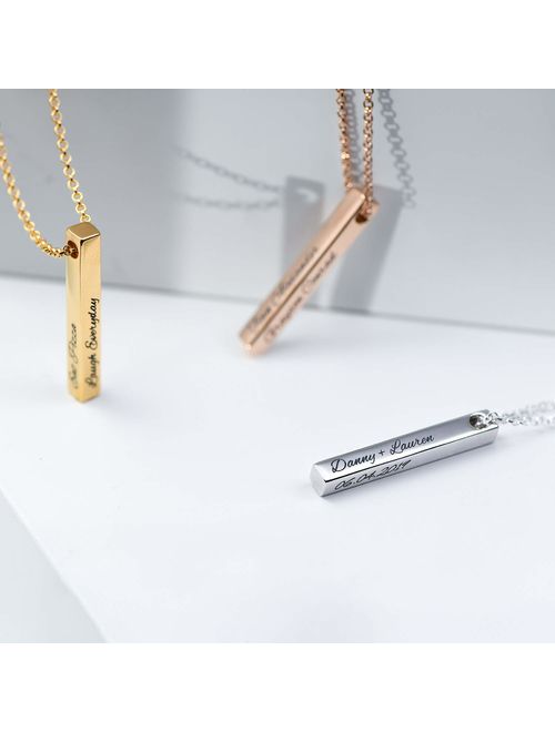 Oak&Luna Personalized Custom Pillar Bar Necklace -3D Engraved 4 Sides- Sterling Silver 925 Jewelry Gift for Her- Mother Day Pendant