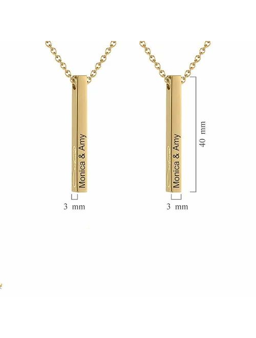 LAOFU Name Necklace Personalized 4 Sided Vertical Engraved 3D Bar Pendant Necklace, Customized Jewelry Gift for Women