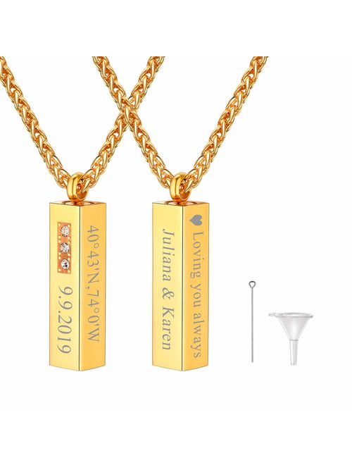 Customized Cremation Urn Necklace Stainless Steel / 18K Gold Plated Personalized Engrave Birthstone Cyclinder Bar/Moon Cat /4D Vertical Bar Memorial Keepsake Jewelry Ashe