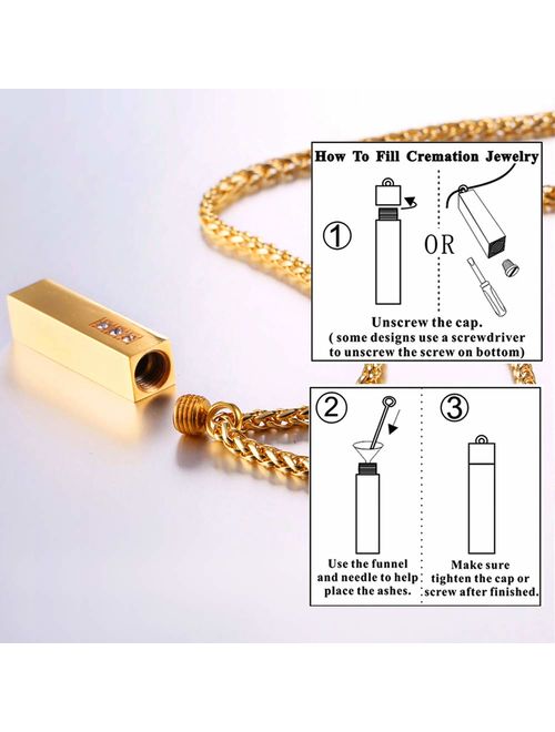 Customized Cremation Urn Necklace Stainless Steel / 18K Gold Plated Personalized Engrave Birthstone Cyclinder Bar/Moon Cat /4D Vertical Bar Memorial Keepsake Jewelry Ashe